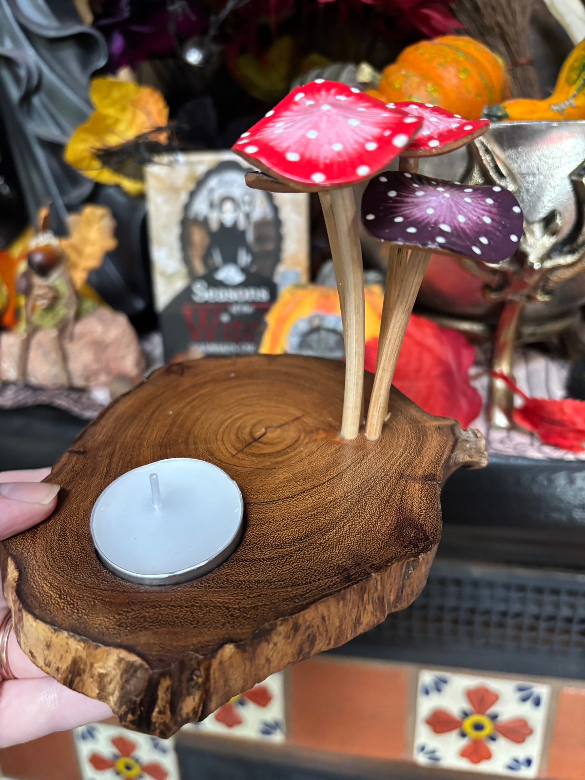 Wooden Mushroom Tealight Candle and Incense Holder