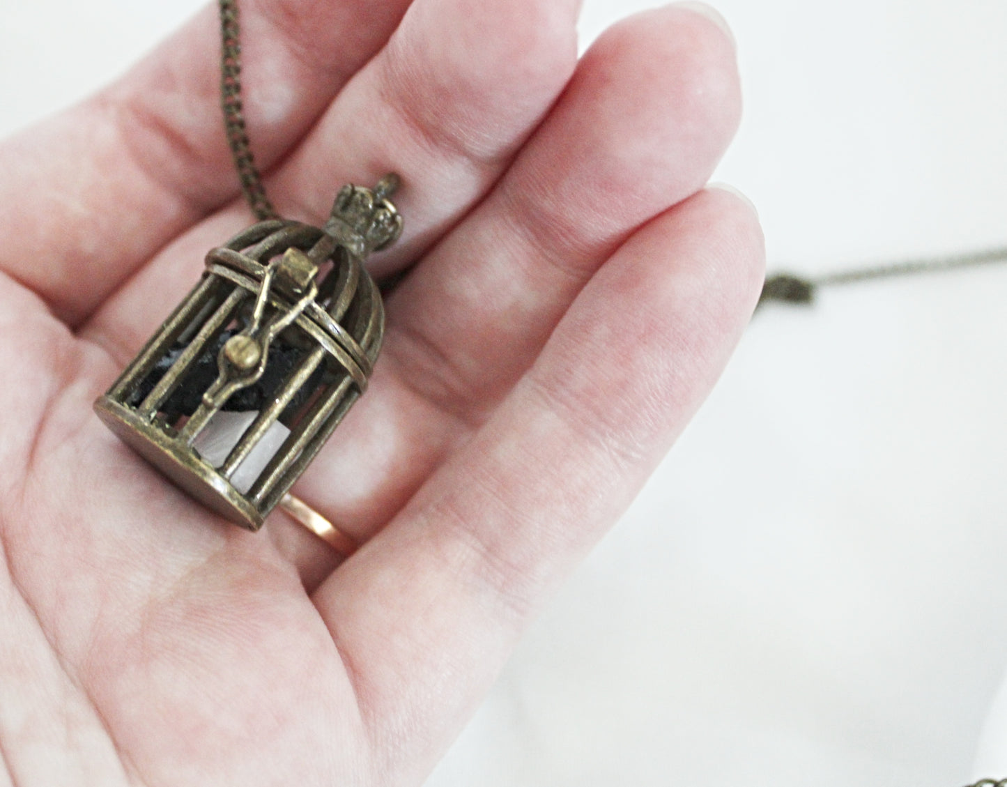 Small Birdcage Crystal Necklace featuring Rose Quartz and Black Tourmaline