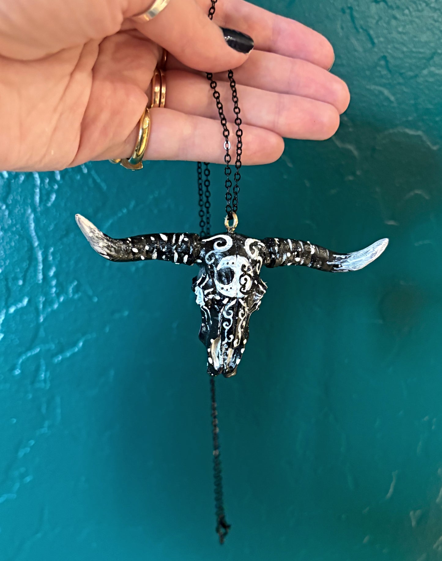 Black Hand Painted Bull Skull Necklace