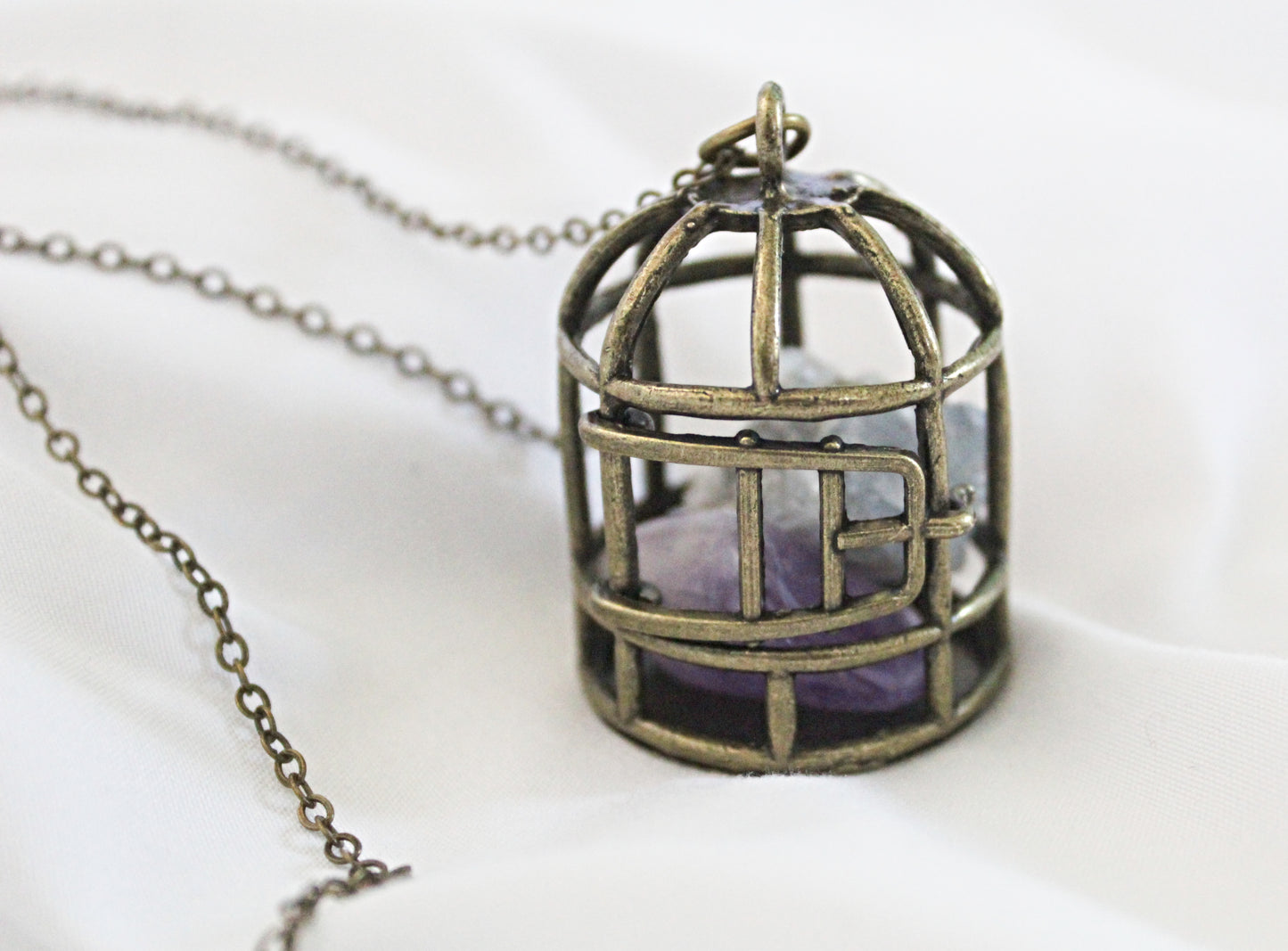 Birdcage Crystal Necklace Featuring Amethyst and Celestite