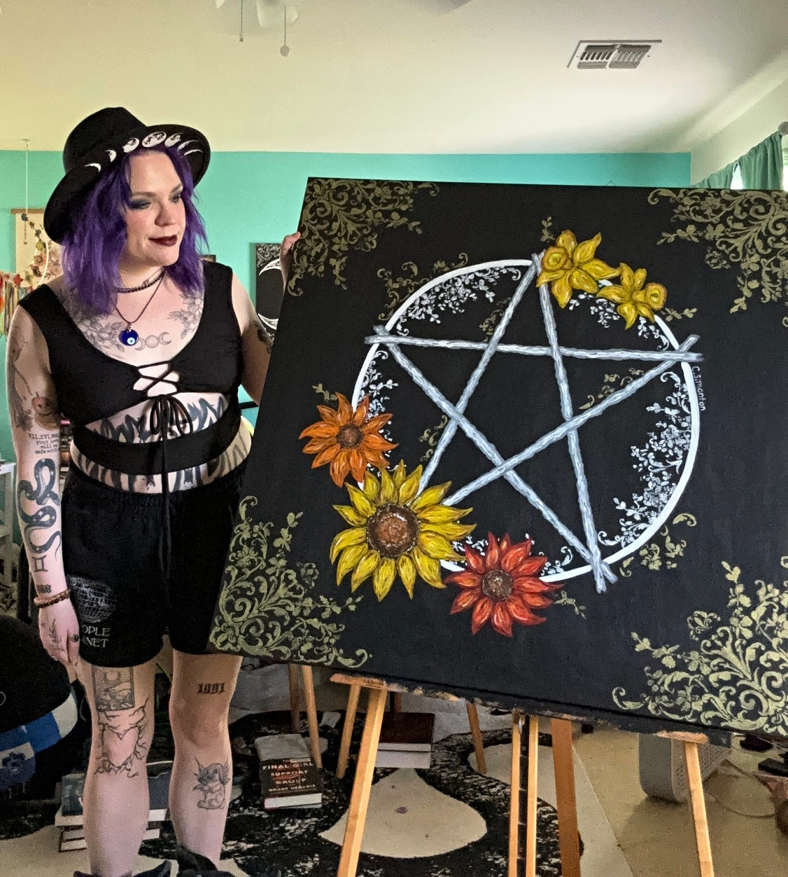 Large Pentacle Daffodil Sunflower Acrylic Painting
