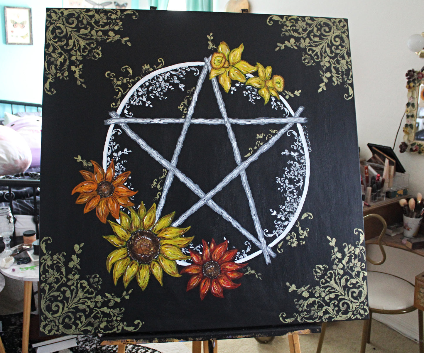 Large Pentacle Daffodil Sunflower Acrylic Painting