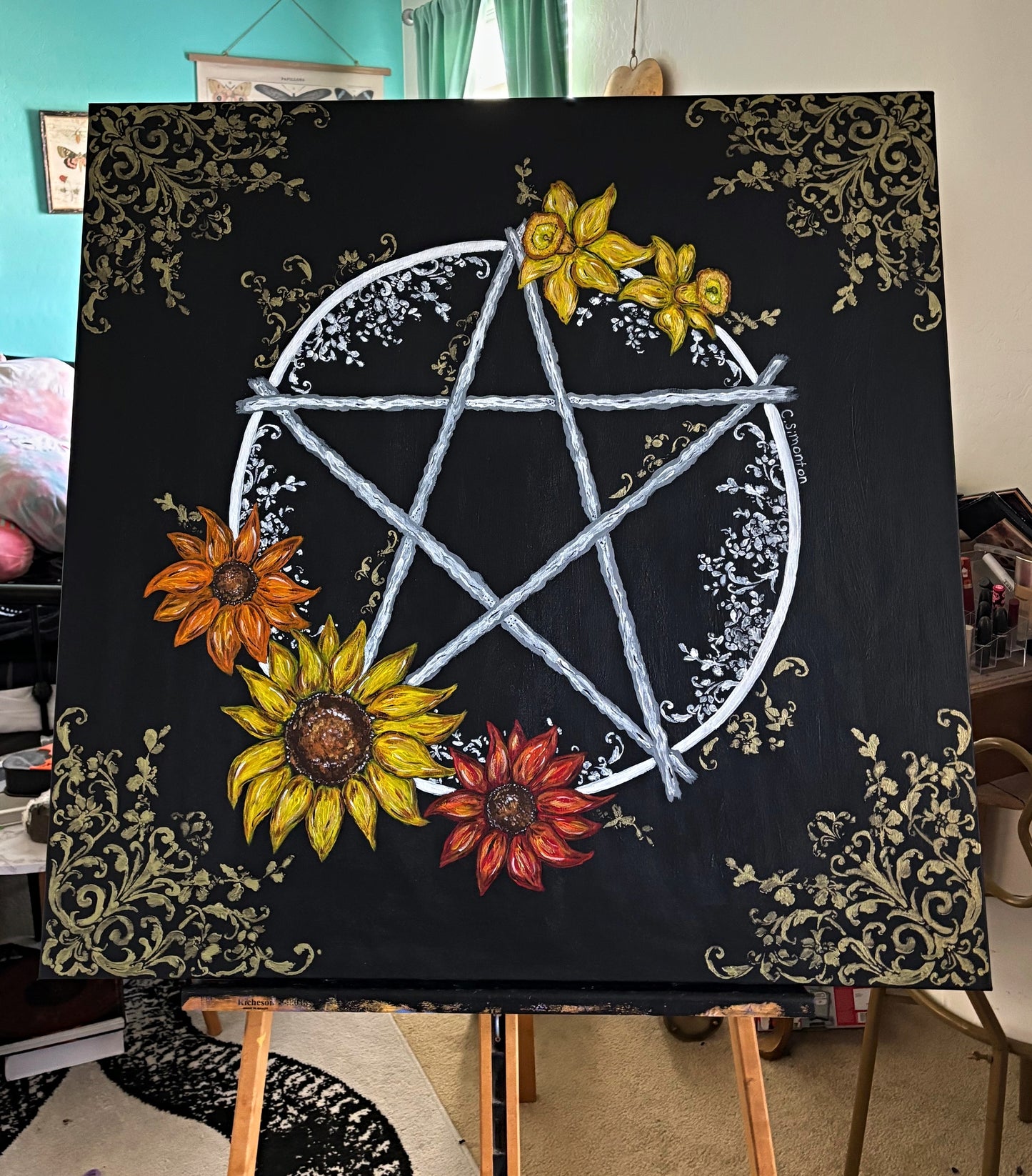 Large Pentacle Daffodil Sunflower Acrylic Painting