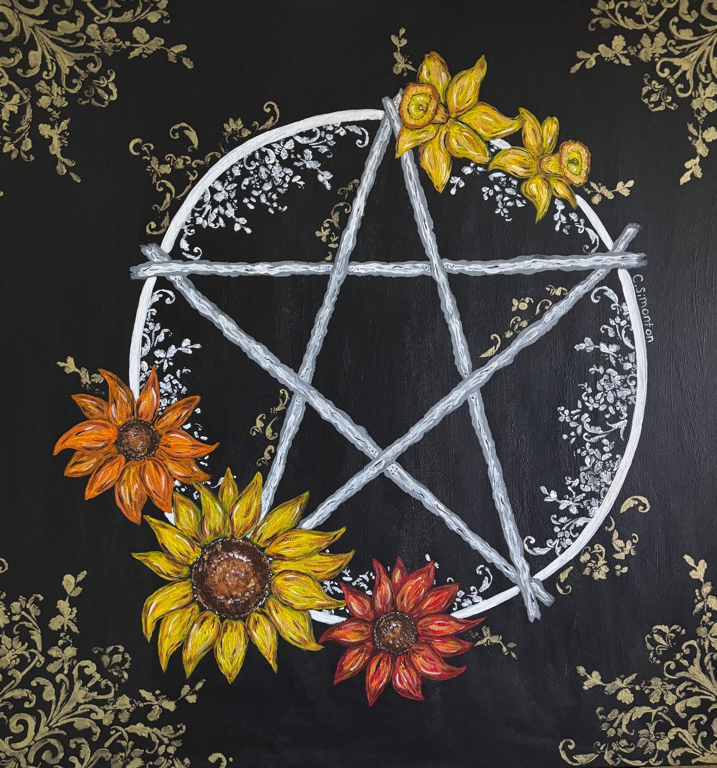 Large Pentacle Daffodil Sunflower Acrylic Painting