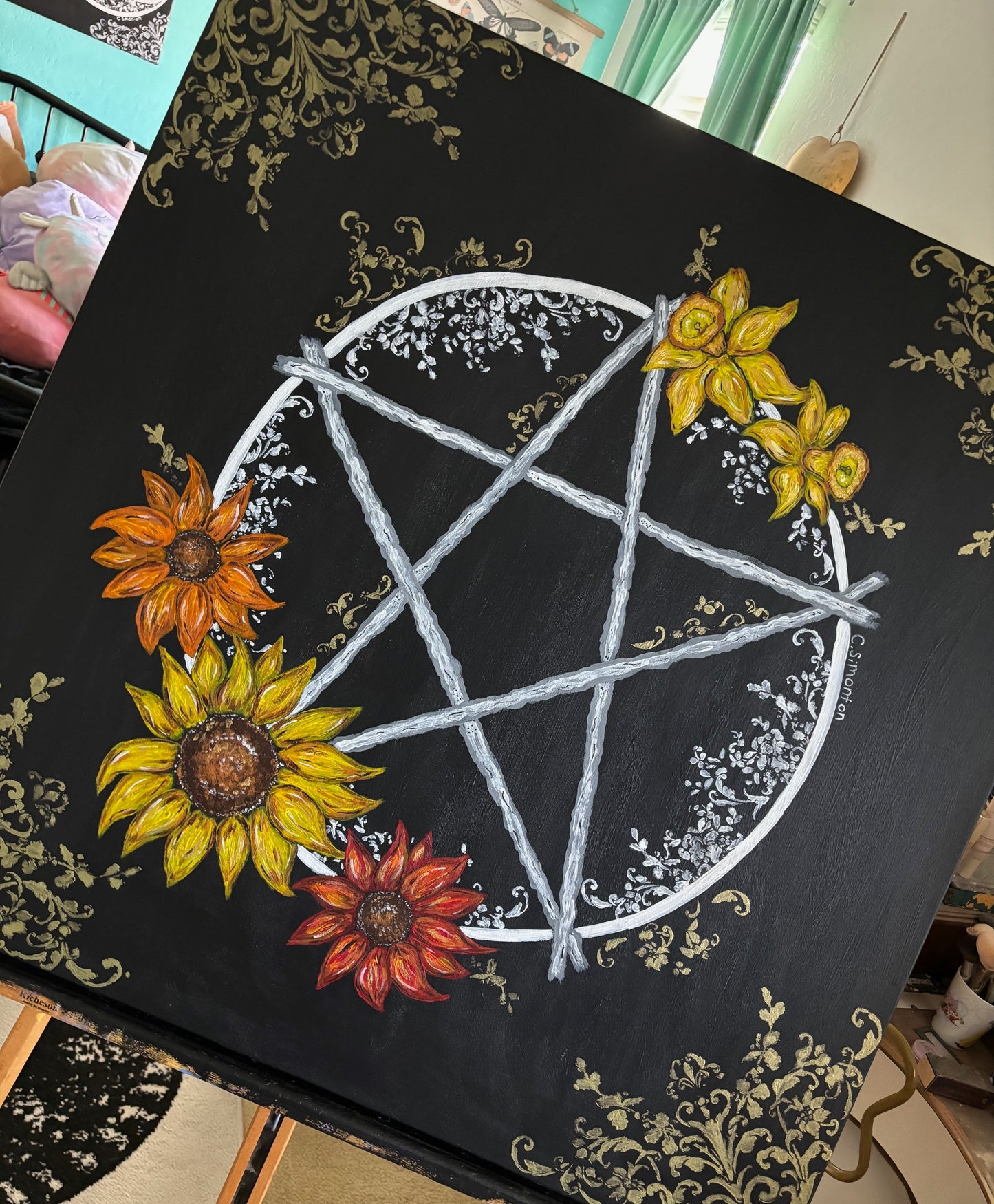 Large Pentacle Daffodil Sunflower Acrylic Painting