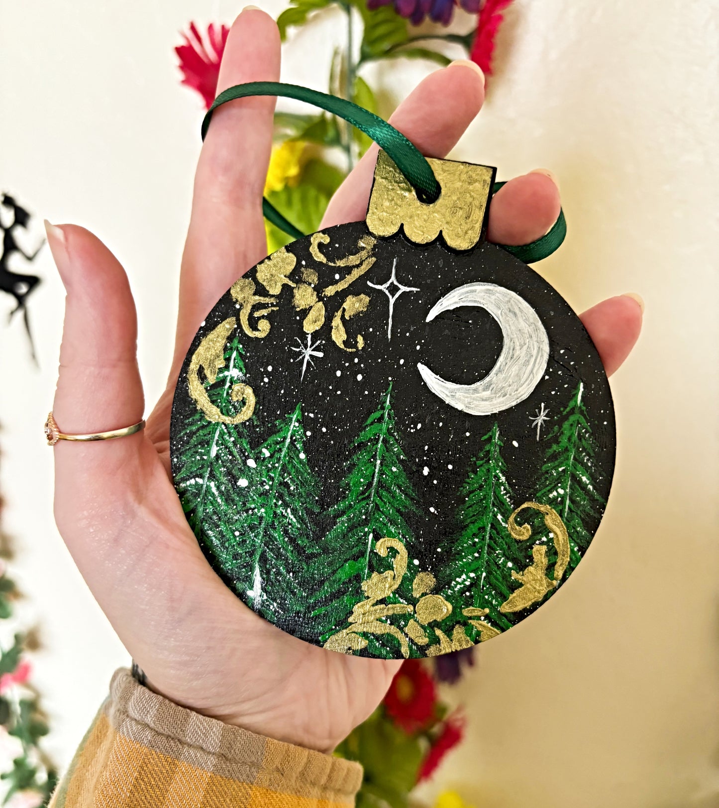 Forest and Moon Hand Painted Yule Ornament
