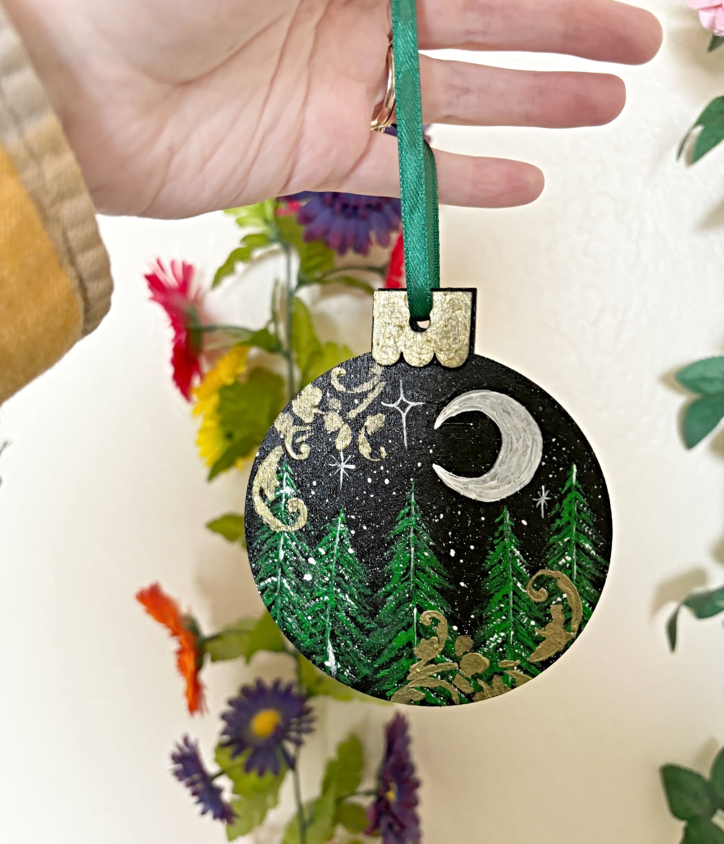 Forest and Moon Hand Painted Yule Ornament