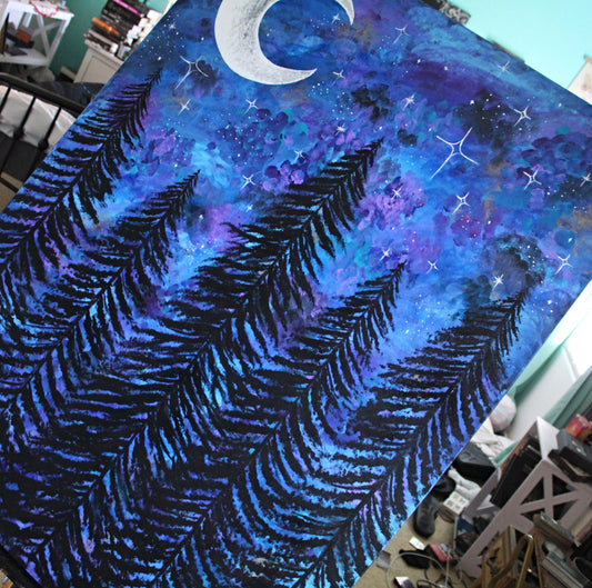 Large Night Sky Forest Acrylic Painting