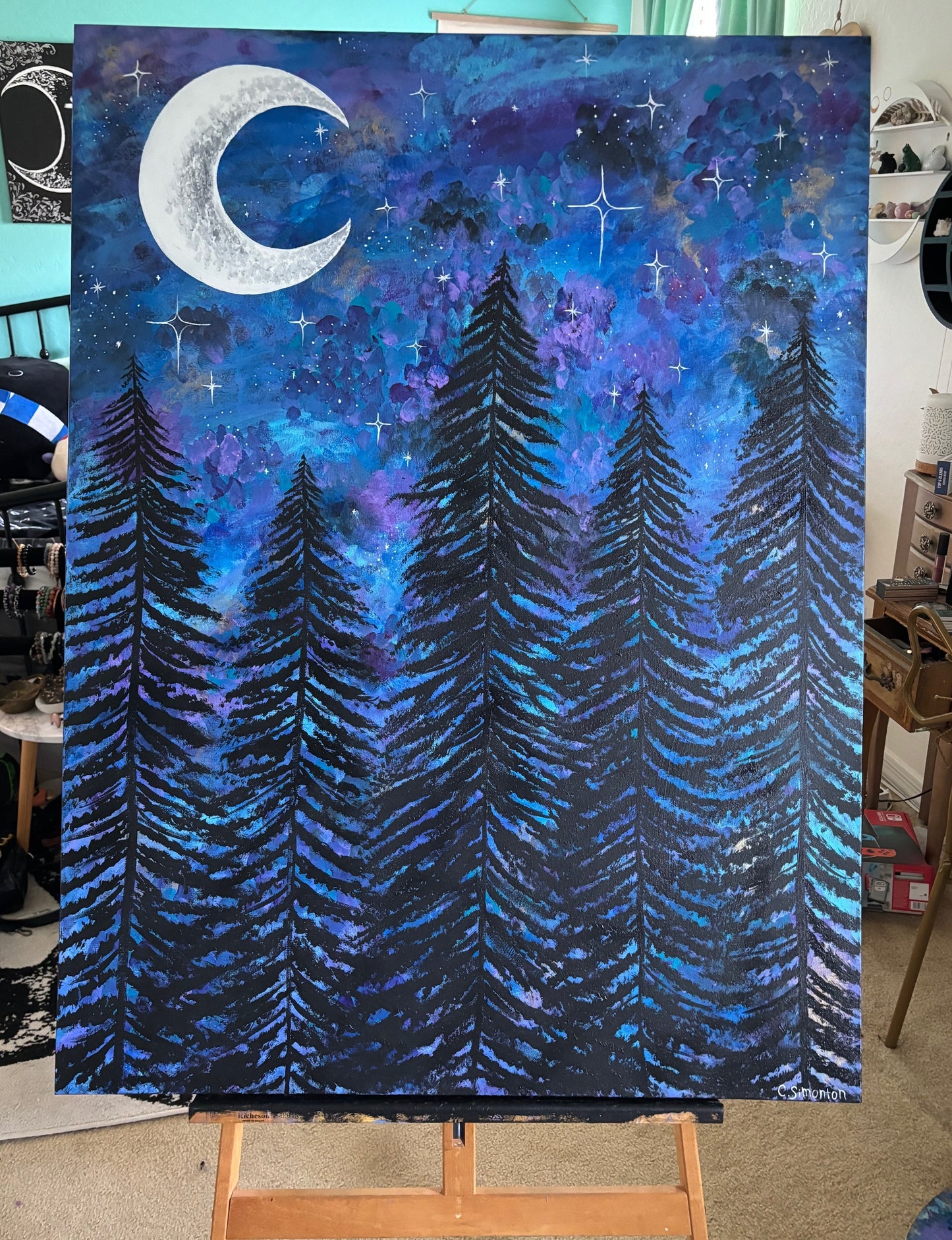 Large Night Sky Forest Acrylic Painting