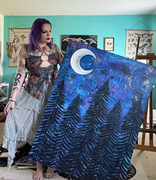 Large Night Sky Forest Acrylic Painting