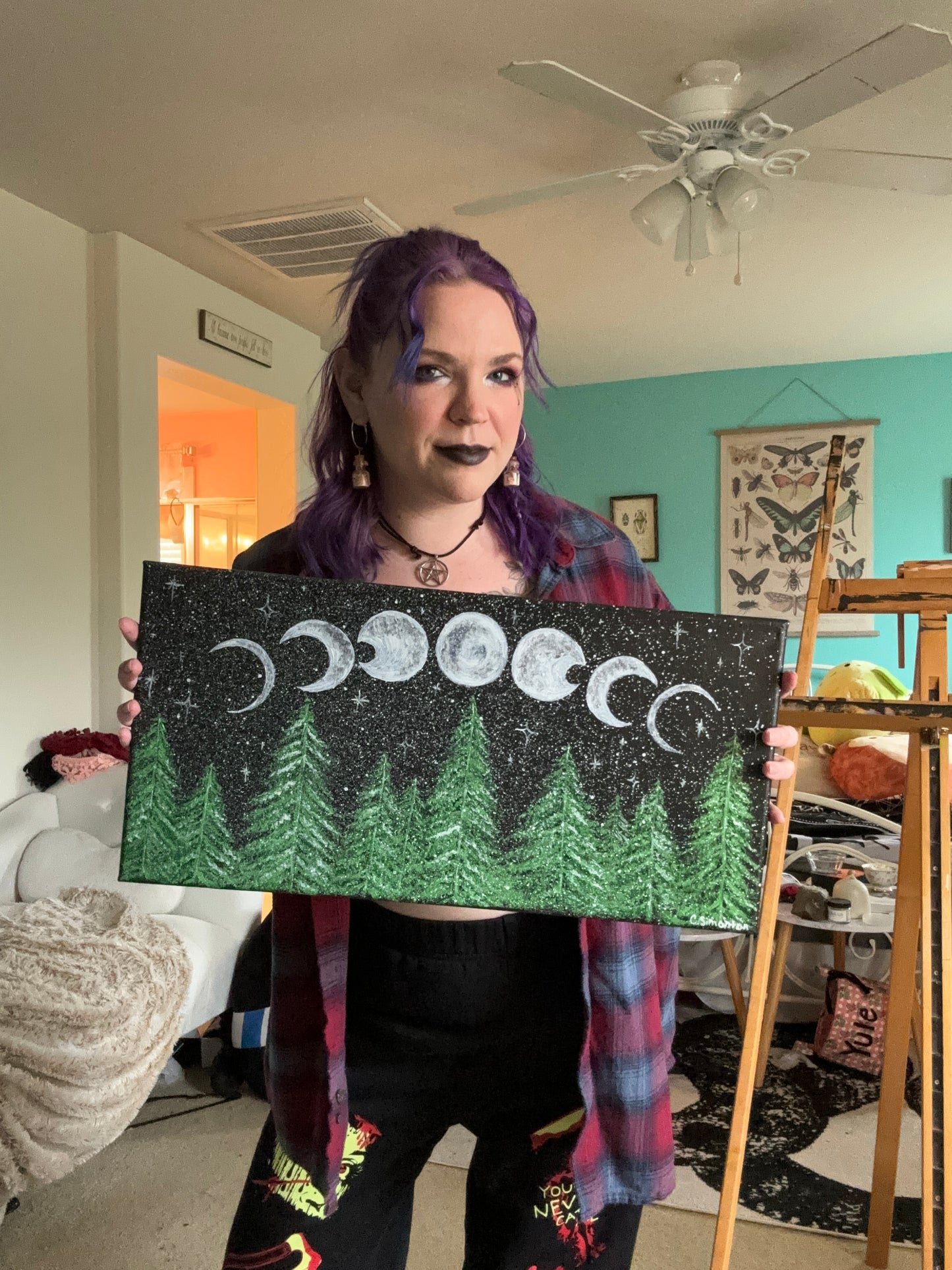 Moon Phases Green Tree Painting