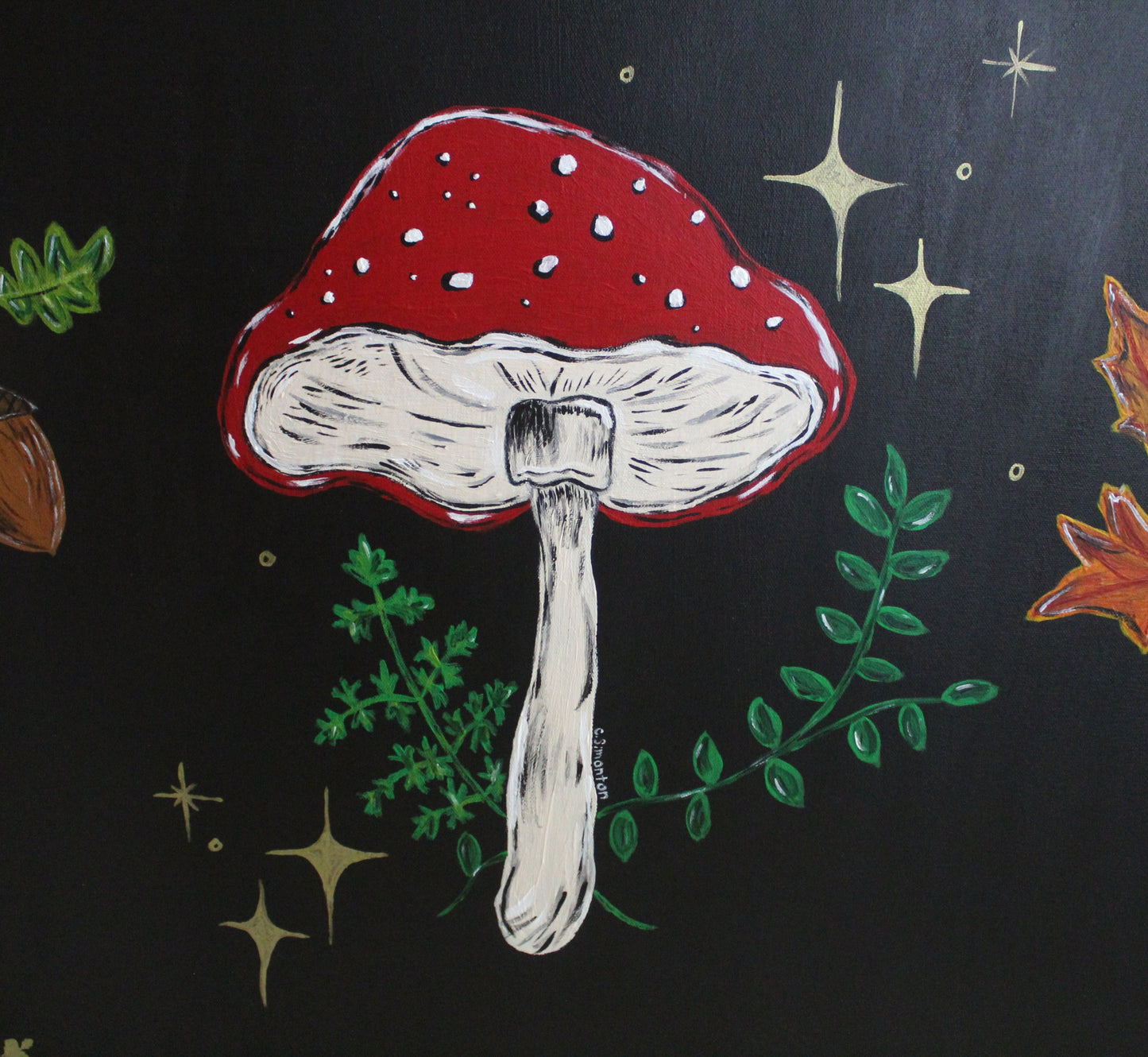 Large Mushroom Leaf and Acorns Acrylic Painting