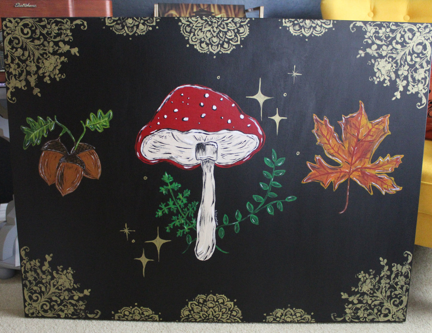 Large Mushroom Leaf and Acorns Acrylic Painting