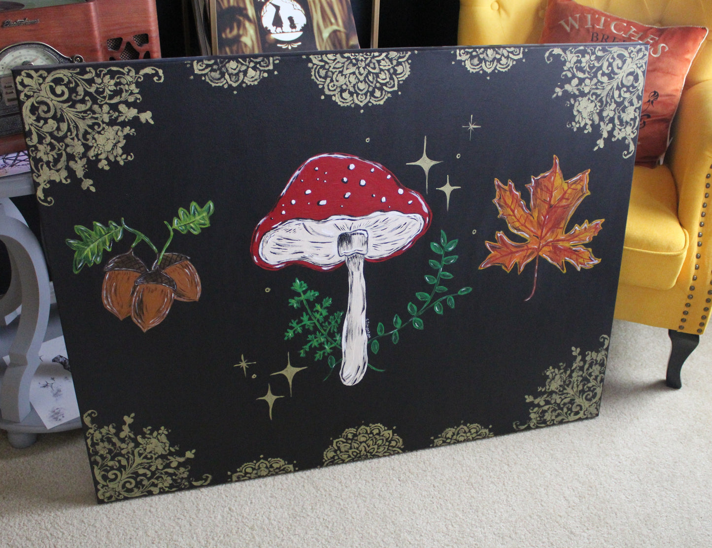 Large Mushroom Leaf and Acorns Acrylic Painting