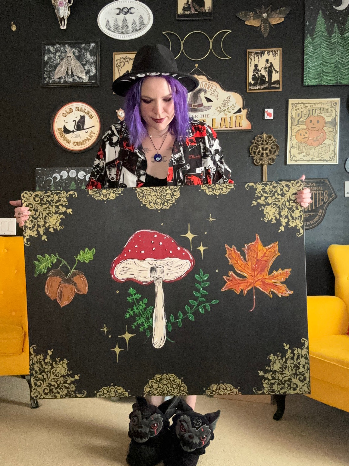 Large Mushroom Leaf and Acorns Acrylic Painting