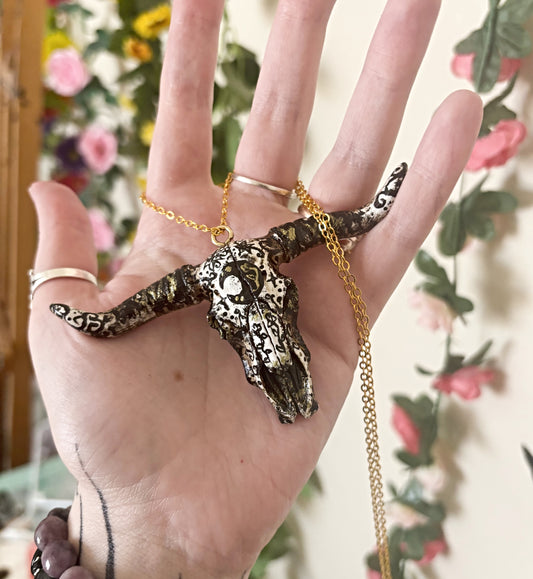 Hand Painted Bull Skull Necklace