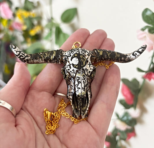 Hand Painted Bull Skull Necklace