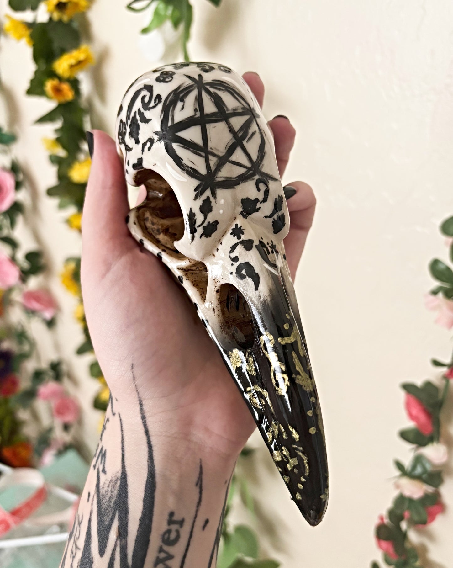 Hand Painted Pentacle Raven Skull