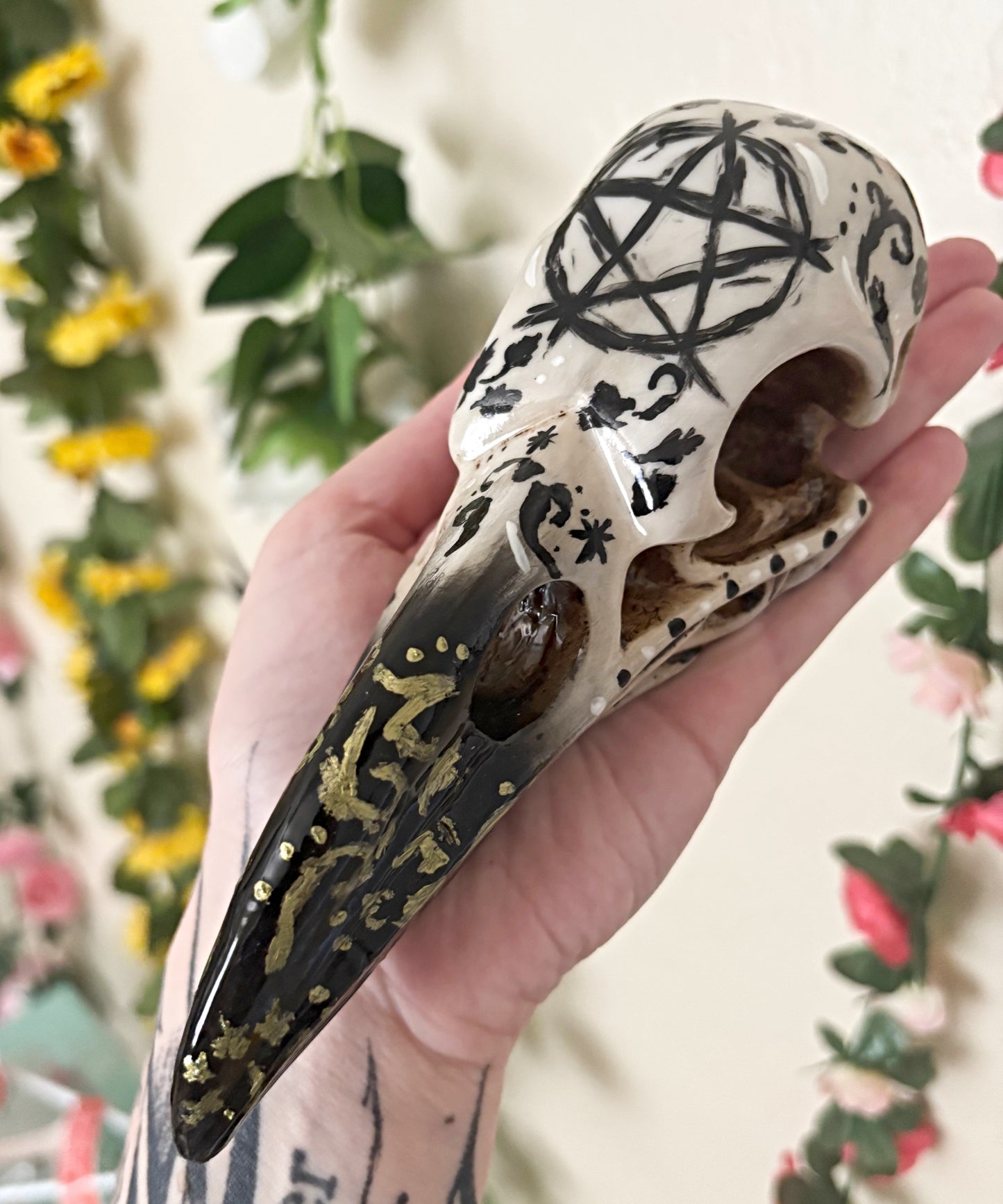 Hand Painted Pentacle Raven Skull