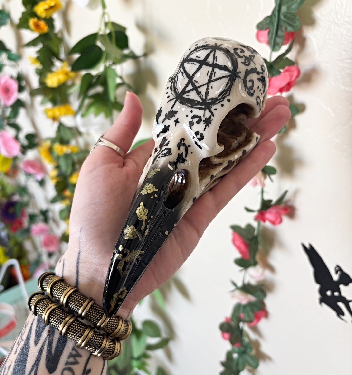 Hand Painted Pentacle Raven Skull