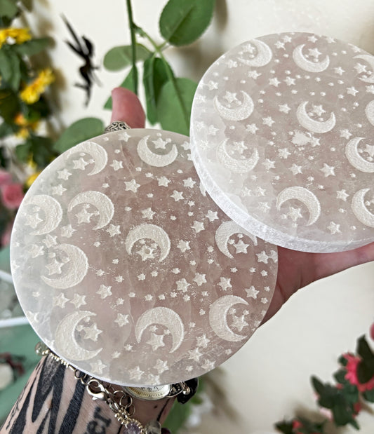 Selenite Charging Plate Featuring Crescent Moons and Stars