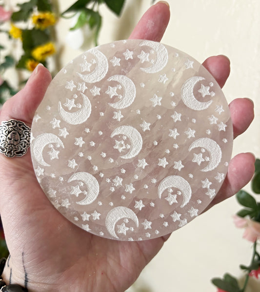 Selenite Charging Plate Featuring Crescent Moons and Stars