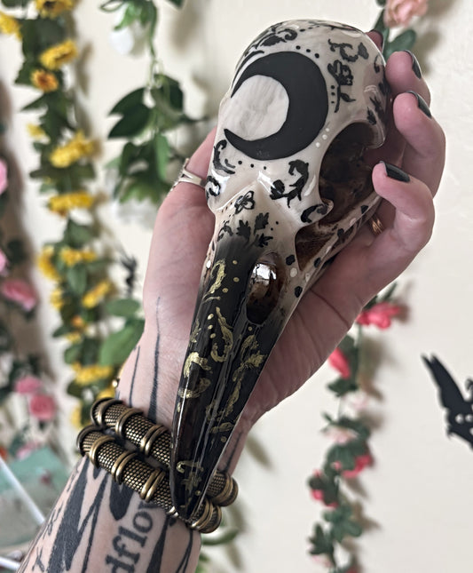 Hand Painted Crescent Moon Raven Skull