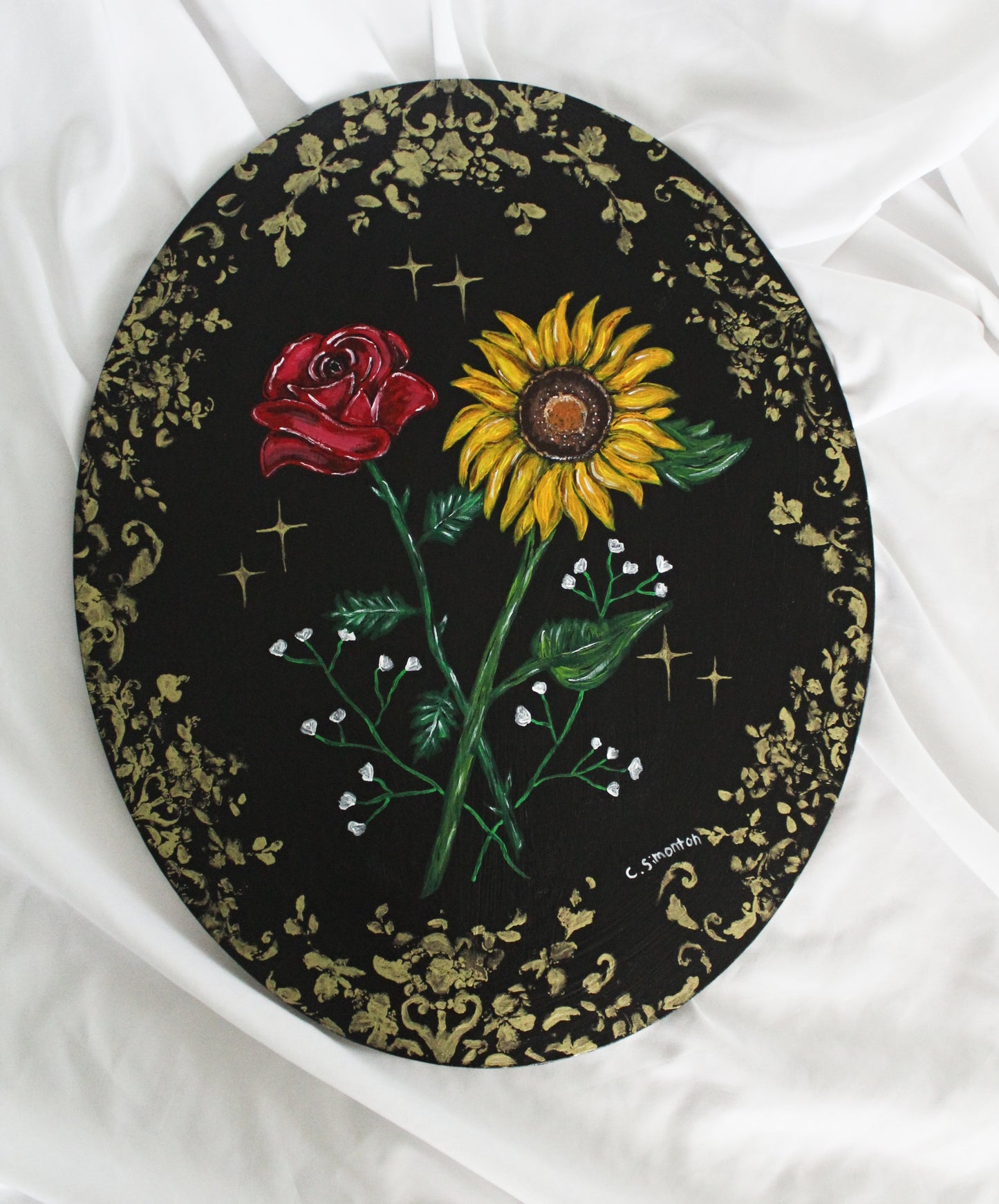 Rose and Sunflower Whimsigoth Acylic Painting