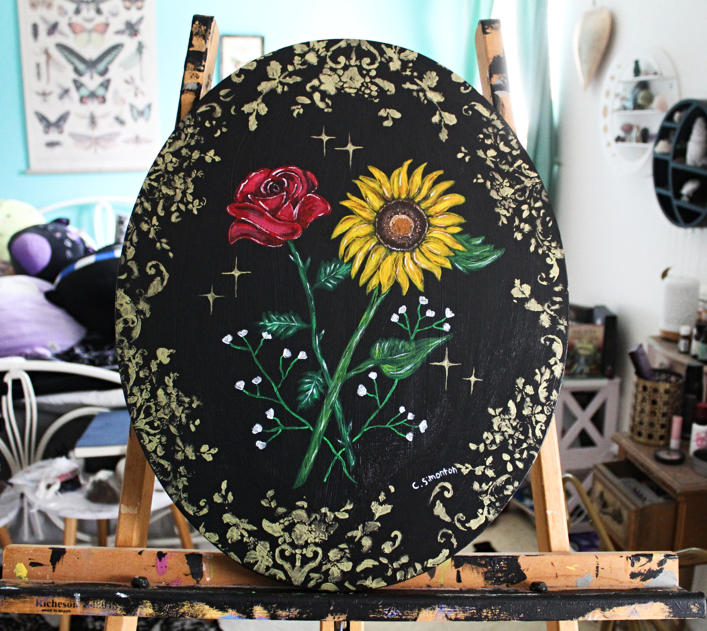 Rose and Sunflower Whimsigoth Acylic Painting
