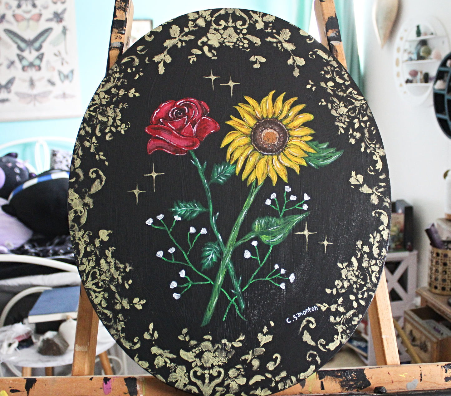 Rose and Sunflower Whimsigoth Acylic Painting