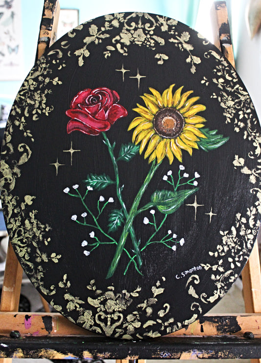 Rose and Sunflower Whimsigoth Acylic Painting