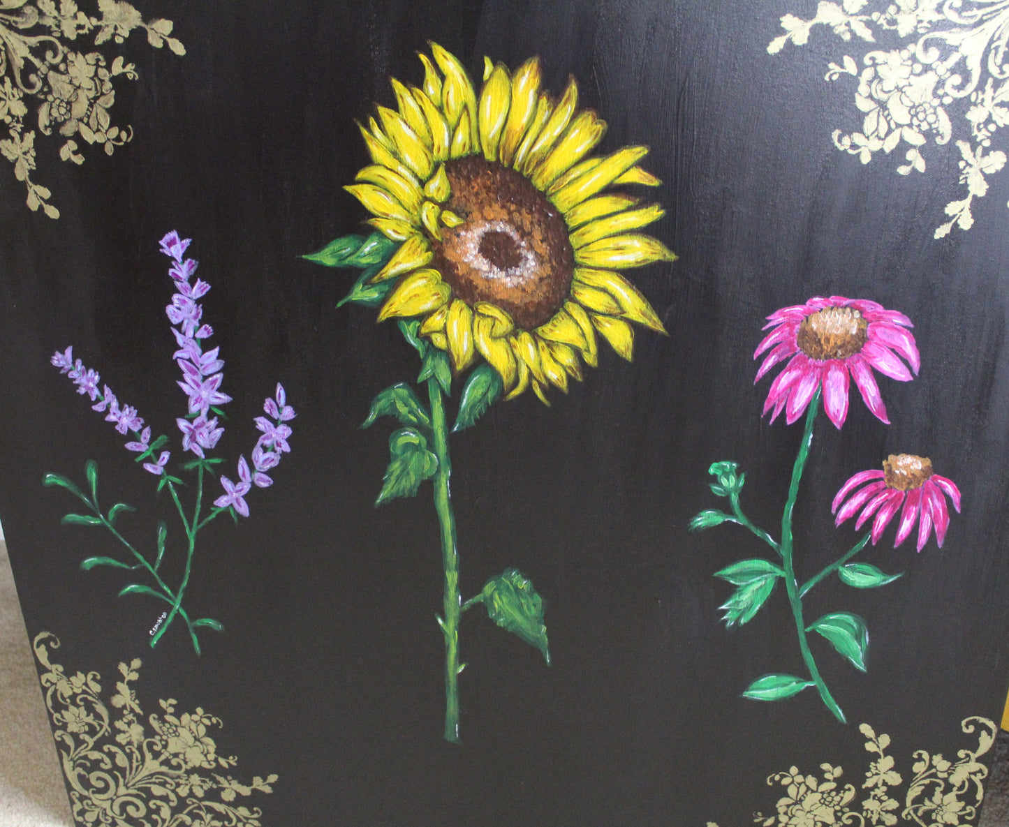 Large Sunflower Lavender and Coneflower Acrylic Painting