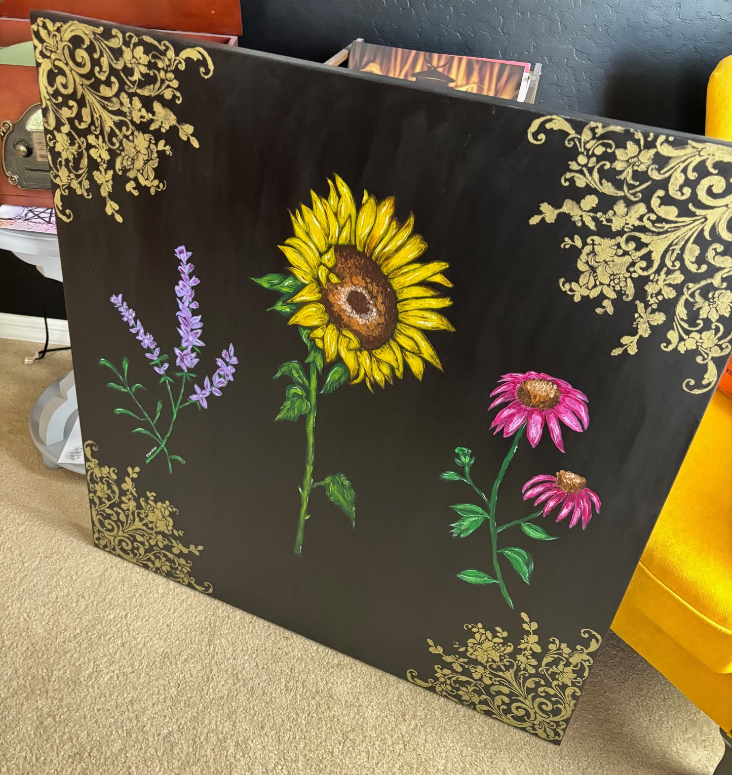 Large Sunflower Lavender and Coneflower Acrylic Painting