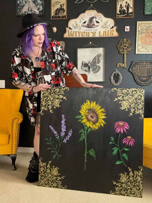 Large Sunflower Lavender and Coneflower Acrylic Painting