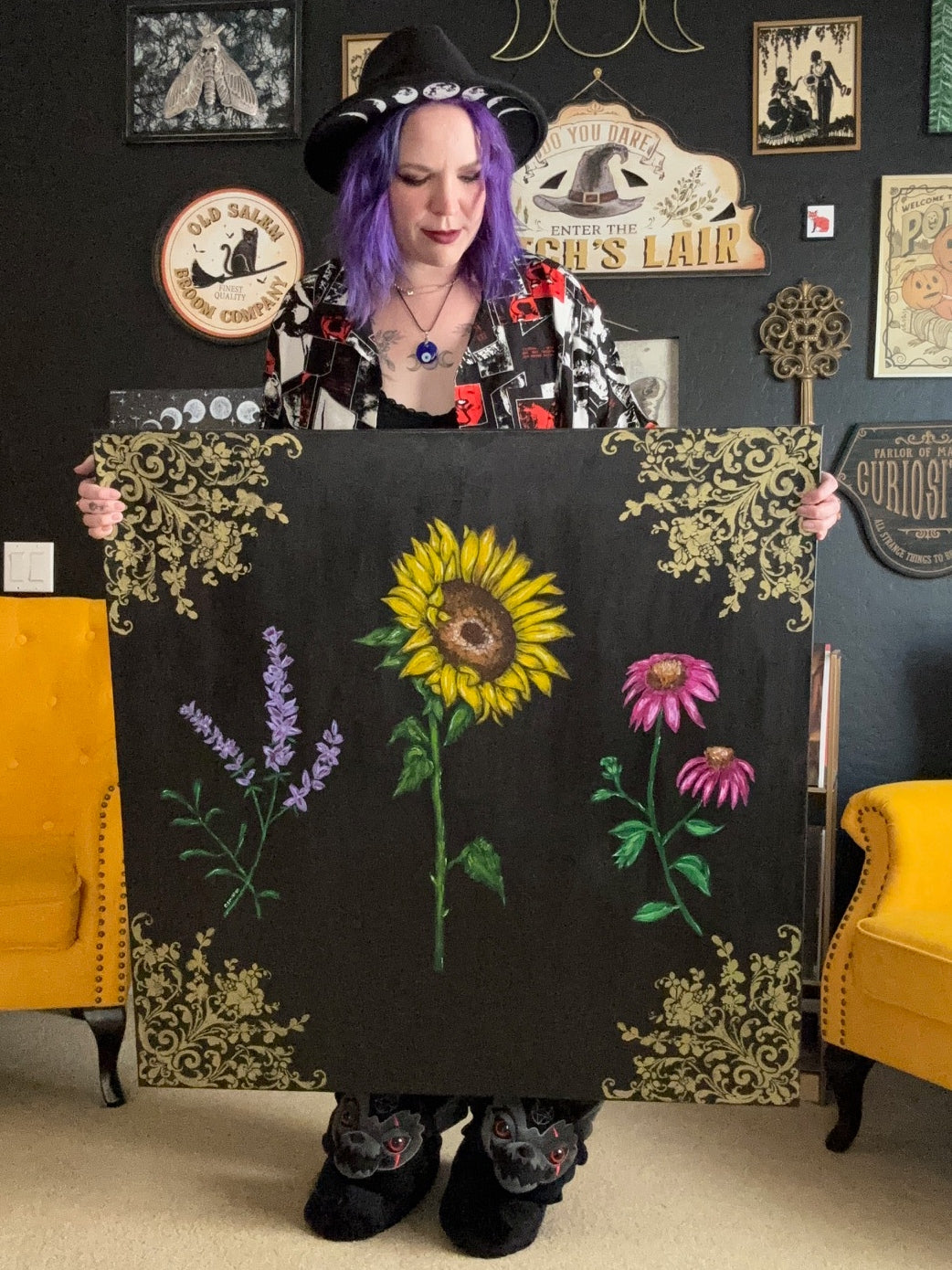 Large Sunflower Lavender and Coneflower Acrylic Painting