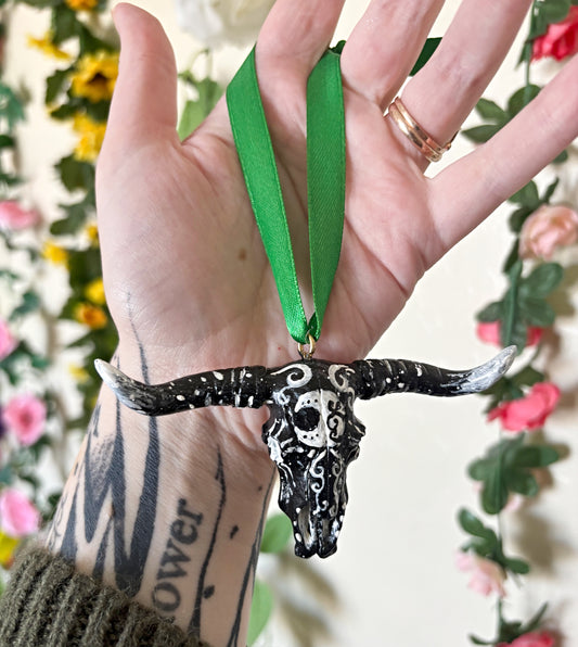 Hand Painted Bull Skull Ornament