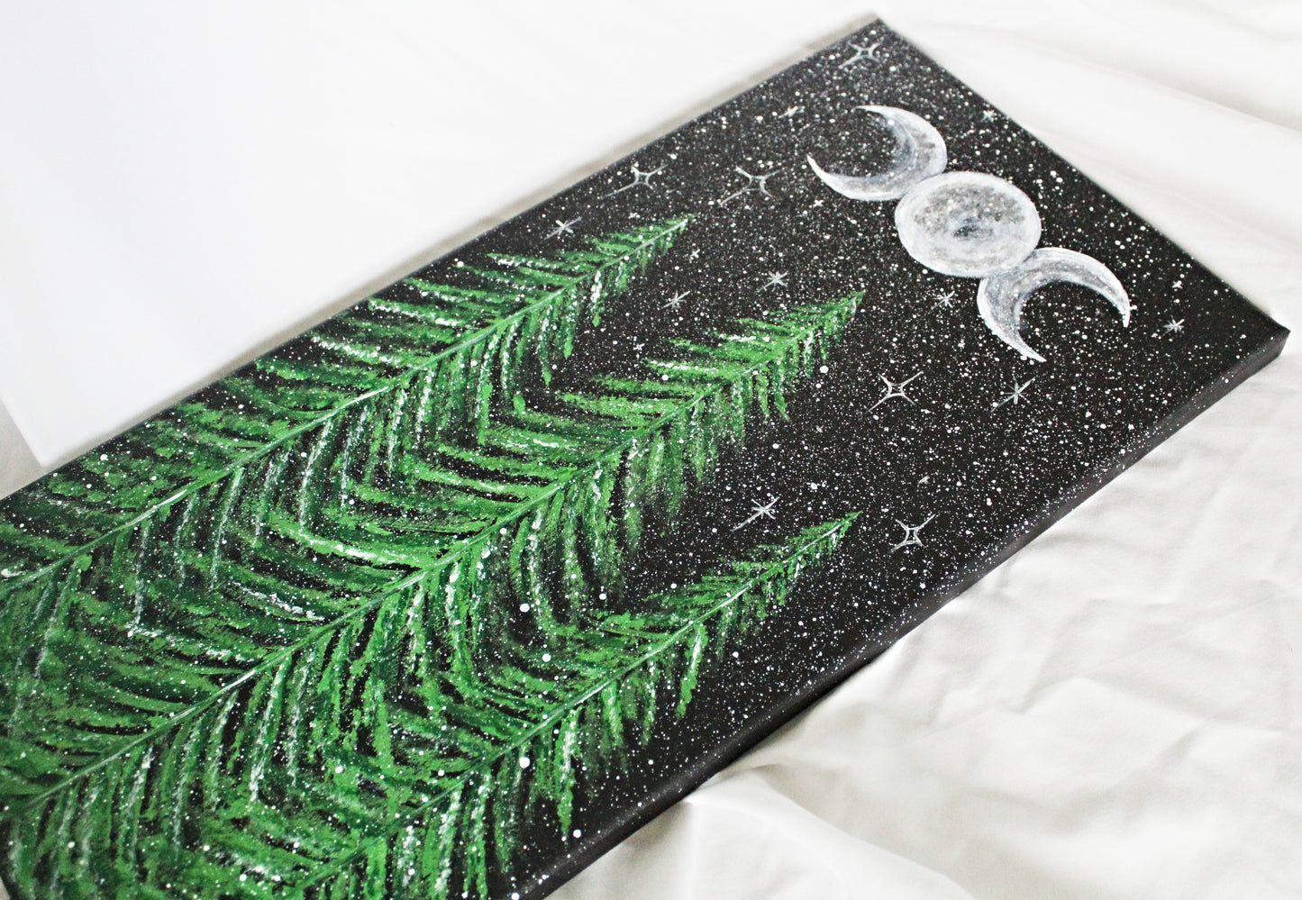 Triple Moon Green Tree Forest Acrylic Painting
