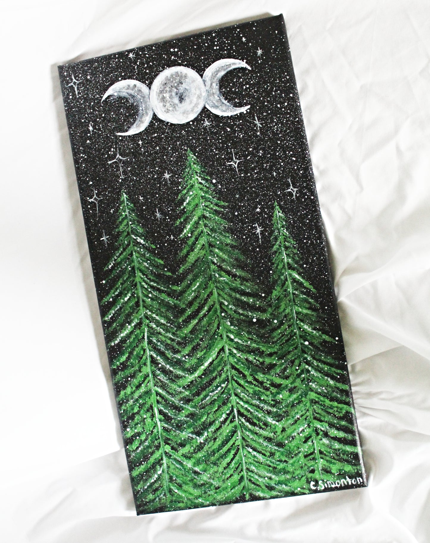 Triple Moon Green Tree Forest Acrylic Painting