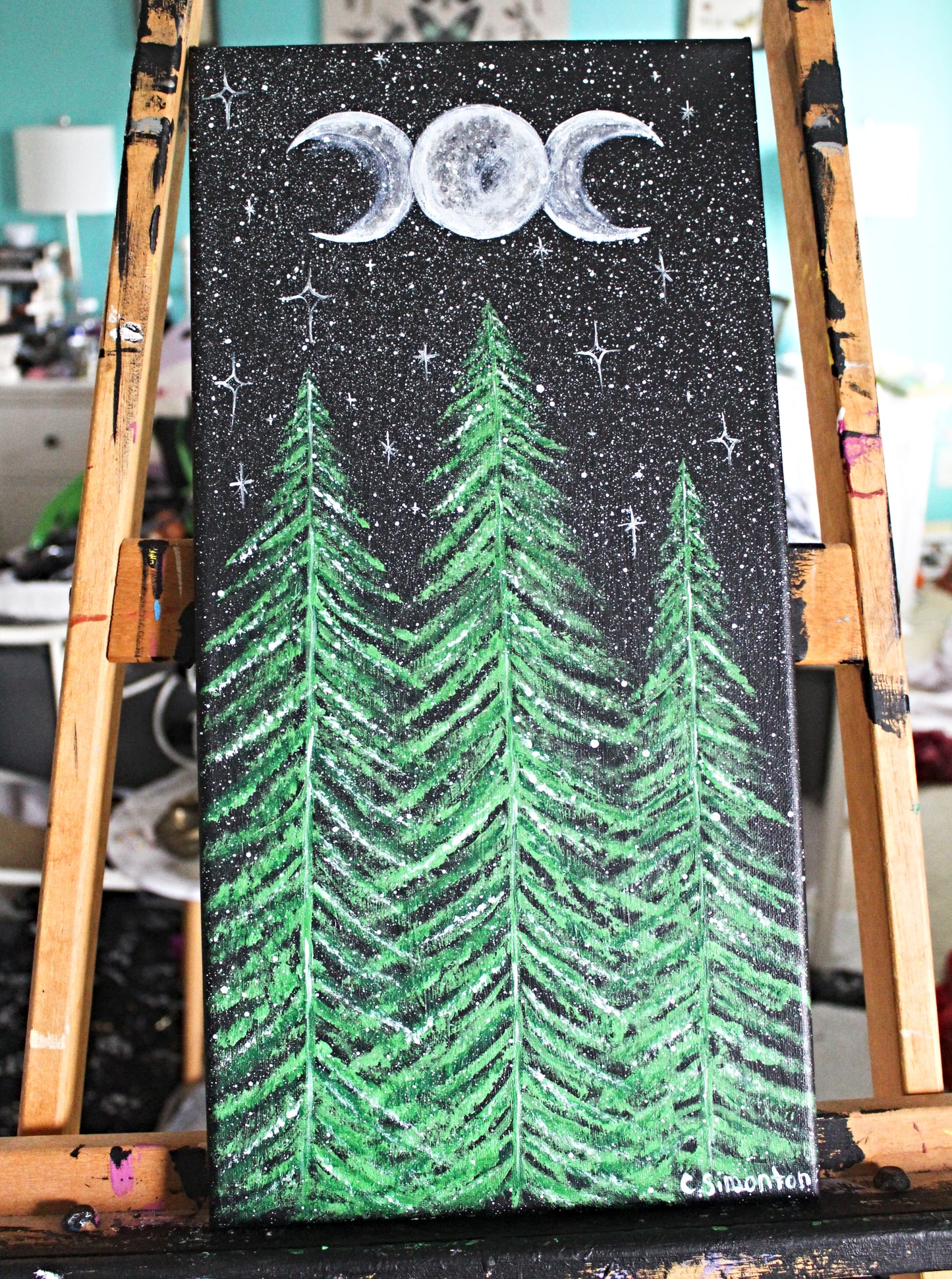 Triple Moon Green Tree Forest Acrylic Painting