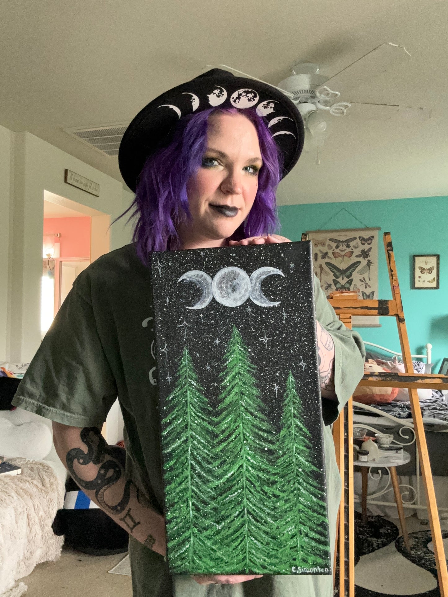 Triple Moon Green Tree Forest Acrylic Painting
