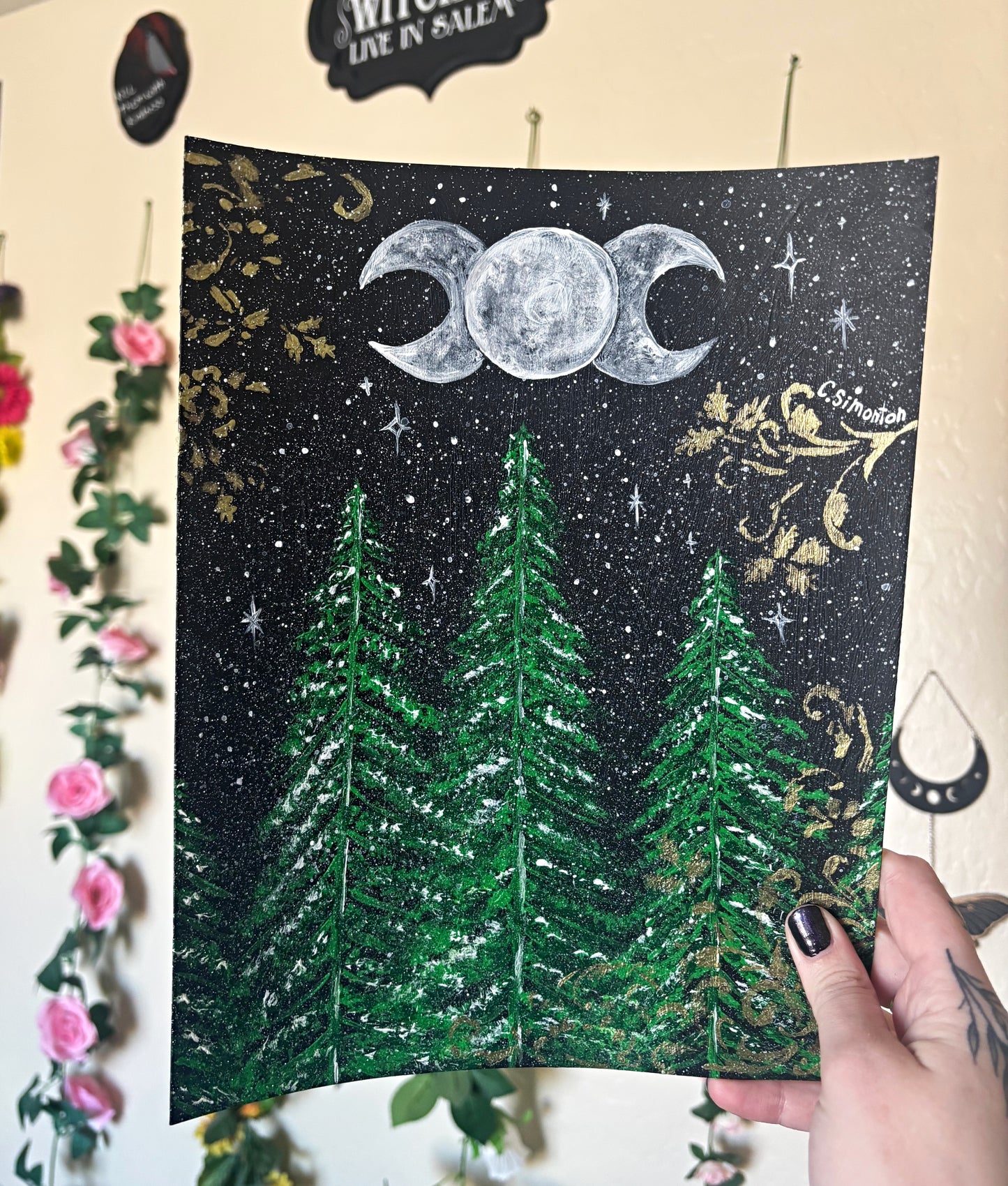 Triple Moon Green Forest Acrylic Paint Art Print