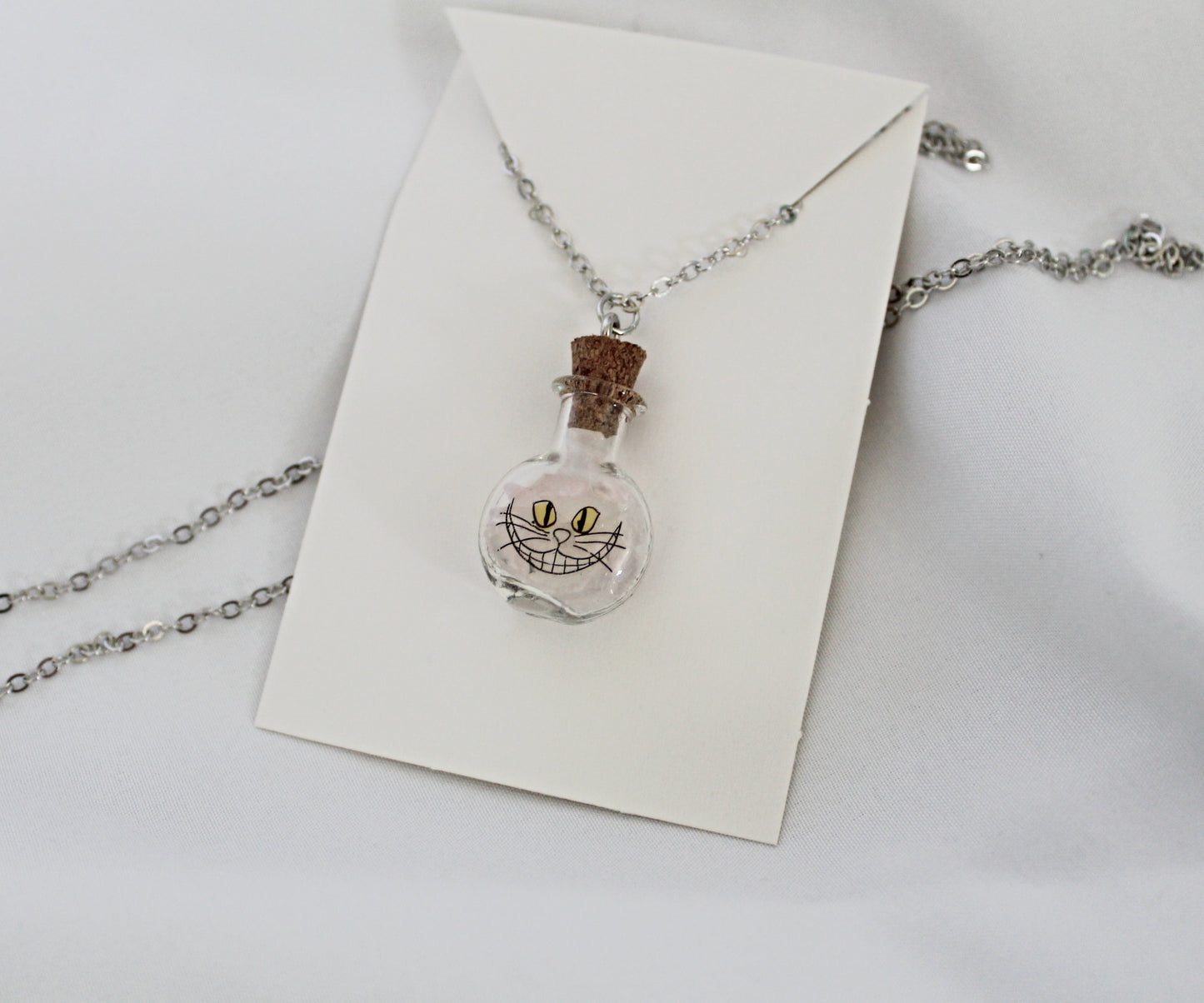 Cheshire Cat Rose Quartz Spell Jar Necklace