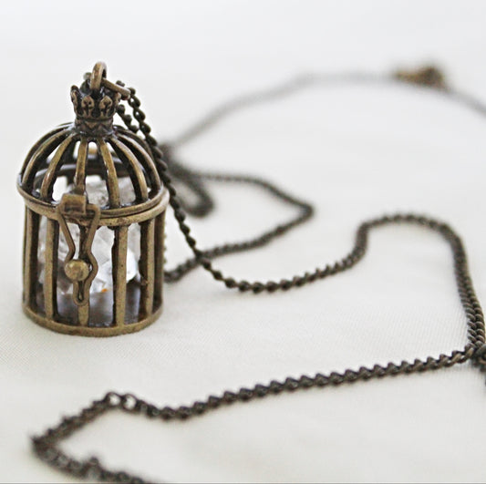 Small Birdcage Crystal Necklace featuring Clear Quartz Point