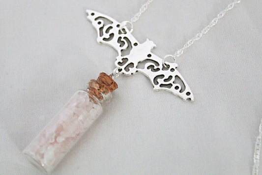 Bat Rose Quartz Spell Jar Necklace - Wildflower Moon Magic