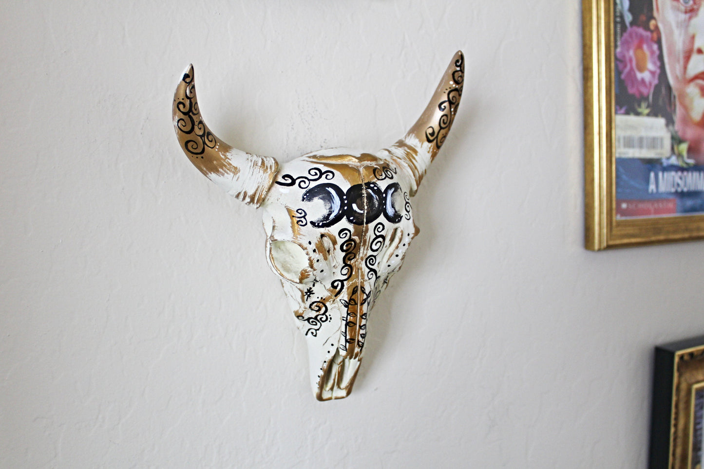 Gold Triple Moon Bull Skull Wall Hanging - Wildflower Moon Magic