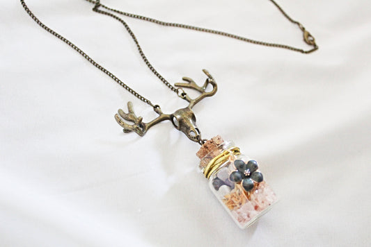 Elk Skull Little Jar of Happiness Necklace - Wildflower Moon Magic