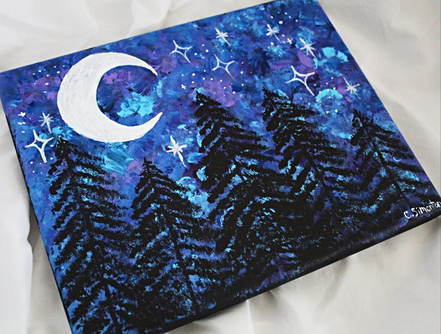 Nighttime Forest Painting with Crescent Moon