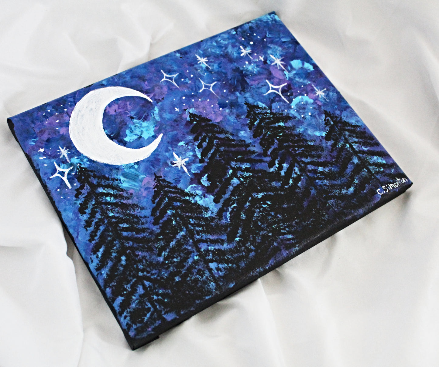 Nighttime Forest Painting with Crescent Moon