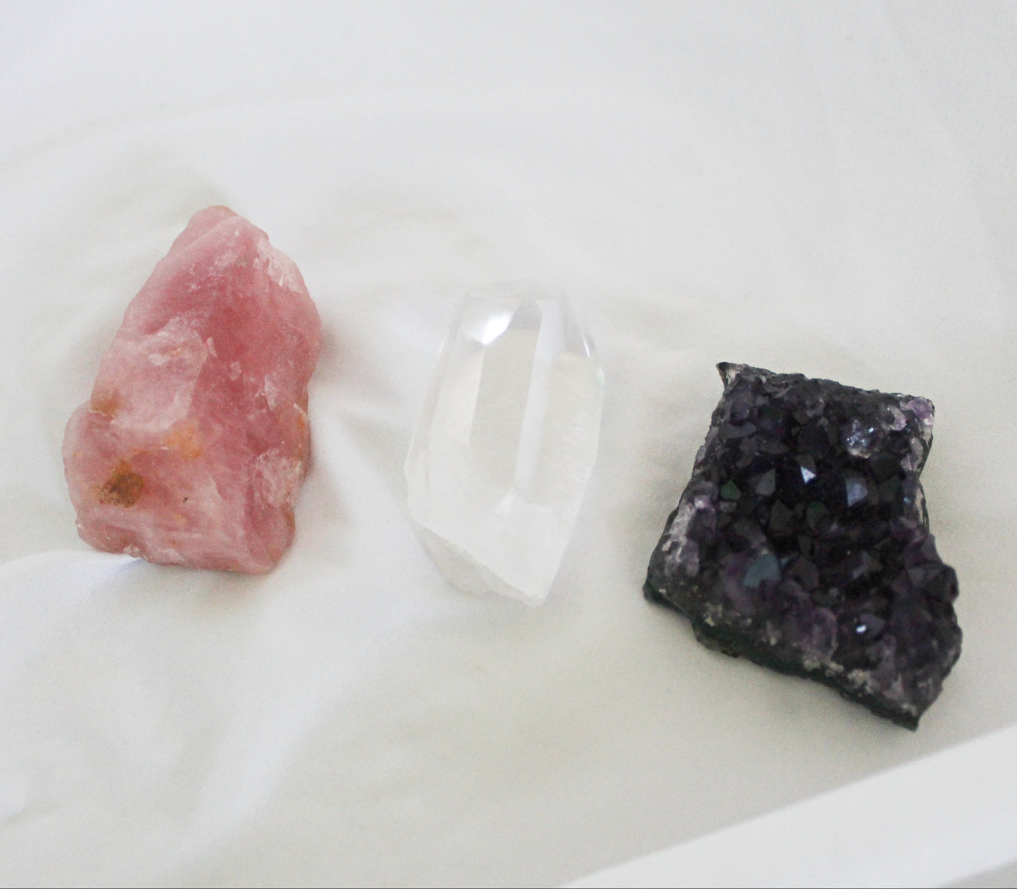 Raw Crystal Set Featuring Amethyst, Rose Quartz, and Clear Quartz