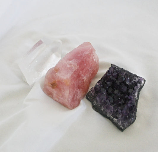 Raw Crystal Set Featuring Amethyst, Rose Quartz, and Clear Quartz